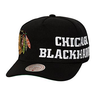 Men's Mitchell & Ness Black Chicago Blackhawks Busted Logo Wordmark Wrap Around Pro Pinch Adjustable Hat