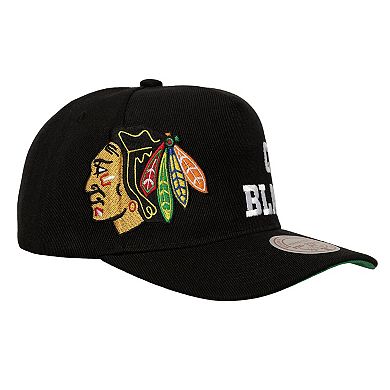 Men's Mitchell & Ness Black Chicago Blackhawks Busted Logo Wordmark Wrap Around Pro Pinch Adjustable Hat