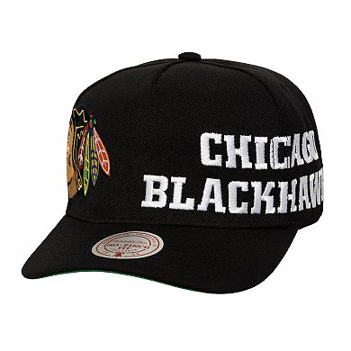 Men's Mitchell & Ness Black Chicago Blackhawks Busted Logo Wordmark Wrap Around Pro Pinch Adjustable Hat