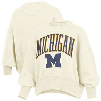 Women's Pressbox Natural Michigan Wolverines Oversized Waist-Length Crewneck Sweatshirt