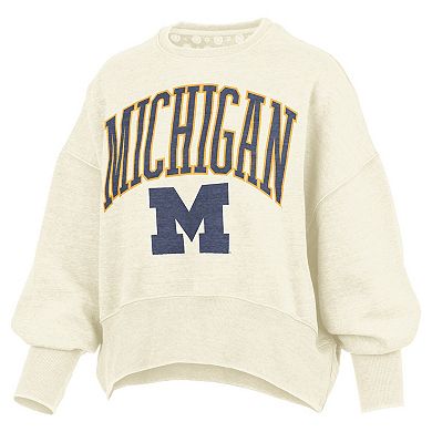 Women's Pressbox Natural Michigan Wolverines Oversized Waist-Length Crewneck Sweatshirt