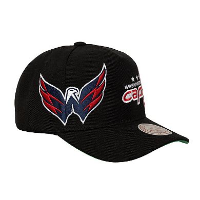 Men's Mitchell & Ness Black Washington Capitals Busted Logo Wordmark Wrap-Around Pro Pinch Adjustable Hat