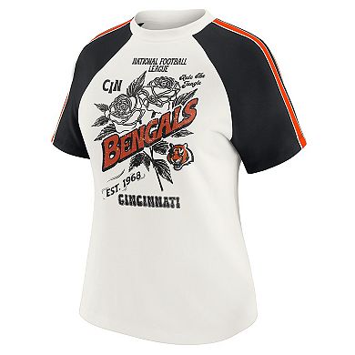 Women's WEAR by Erin Andrews White Cincinnati Bengals Sleeve Stripe Distressed Raglan T-Shirt