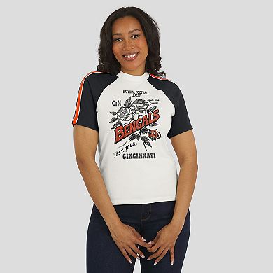 Women's WEAR by Erin Andrews White Cincinnati Bengals Sleeve Stripe Distressed Raglan T-Shirt