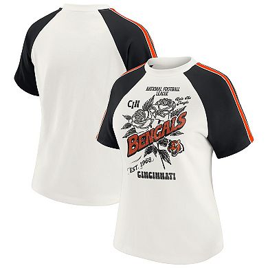 Women's WEAR by Erin Andrews White Cincinnati Bengals Sleeve Stripe Distressed Raglan T-Shirt