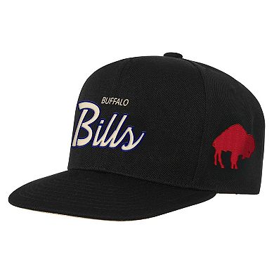 Youth Mitchell & Ness Black Buffalo Bills Cream Team Script Snapback Hat