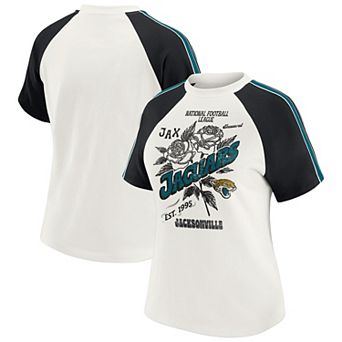 Women's WEAR by Erin Andrews White Jacksonville Jaguars Sleeve Stripe Distressed Raglan T-Shirt