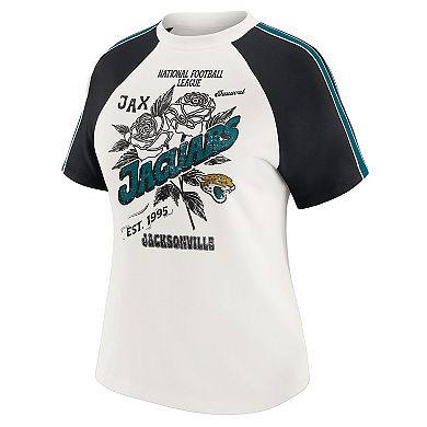 Women's WEAR by Erin Andrews White Jacksonville Jaguars Sleeve Stripe Distressed Raglan T-Shirt