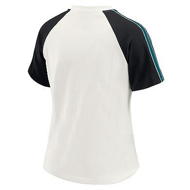 Women's WEAR by Erin Andrews White Jacksonville Jaguars Sleeve Stripe Distressed Raglan T-Shirt