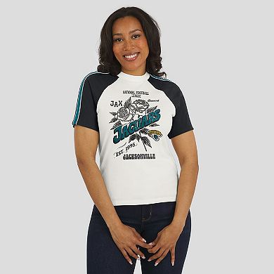 Women's WEAR by Erin Andrews White Jacksonville Jaguars Sleeve Stripe Distressed Raglan T-Shirt