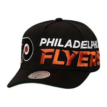 Men's Mitchell & Ness Black Philadelphia Flyers Busted Logo Wordmark Wrap-Around Pro Pinch Adjustable Hat