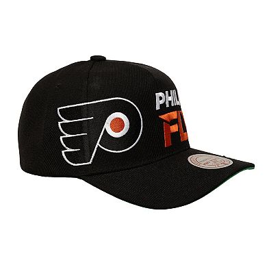 Men's Mitchell & Ness Black Philadelphia Flyers Busted Logo Wordmark Wrap-Around Pro Pinch Adjustable Hat