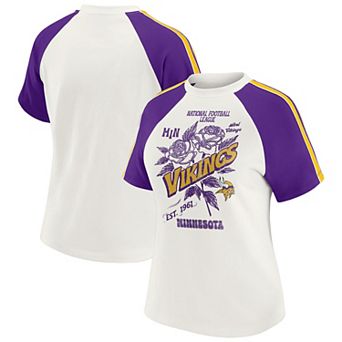 Women's WEAR by Erin Andrews White Minnesota Vikings Sleeve Stripe Distressed Raglan T-Shirt