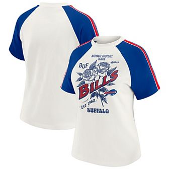 Women's WEAR by Erin Andrews White Buffalo Bills Sleeve Stripe Distressed Raglan T-Shirt