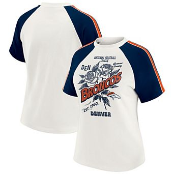 Women's WEAR by Erin Andrews White Denver Broncos Sleeve Stripe Distressed Raglan T-Shirt