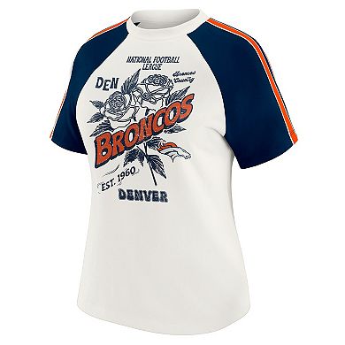 Women's WEAR by Erin Andrews White Denver Broncos Sleeve Stripe Distressed Raglan T-Shirt