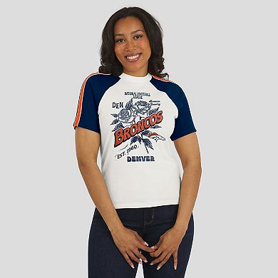 Women's WEAR by Erin Andrews White Denver Broncos Sleeve Stripe Distressed Raglan T-Shirt