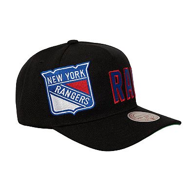Men's Mitchell & Ness Black New York Rangers Busted Logo Wordmark Wrap-Around Pro Pinch Adjustable Hat