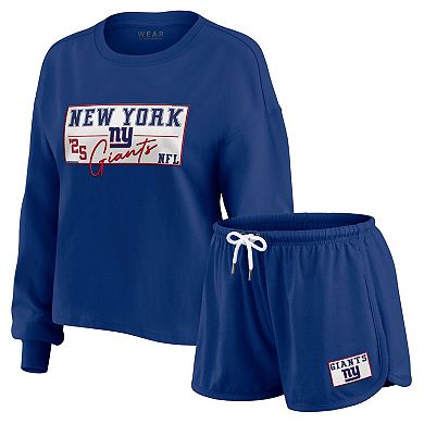 Women's WEAR by Erin Andrews Royal New York Giants Heavy Rugby Jersey Long Sleeve T-Shirt & Shorts Lounge Set