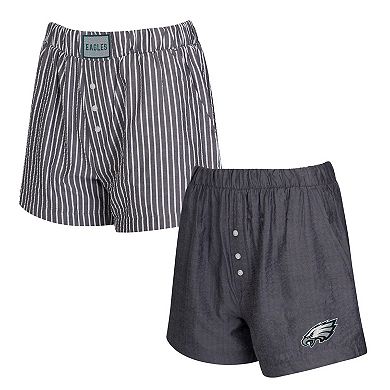 Women's Concepts Sport Black Philadelphia Eagles Two-Pack Stripes and Solids Boxer Shorts Set