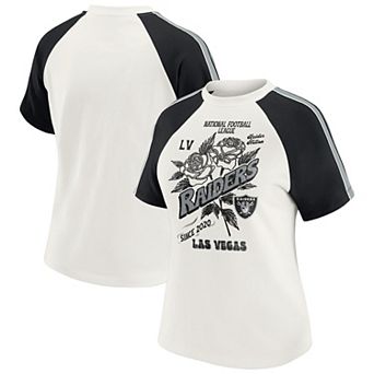 Women's WEAR by Erin Andrews White Las Vegas Raiders Sleeve Stripe Distressed Raglan T-Shirt