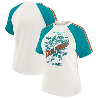 Women's WEAR by Erin Andrews White Miami Dolphins Sleeve Stripe Distressed Raglan T-Shirt