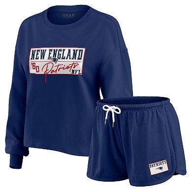 Women's WEAR by Erin Andrews Navy New England Patriots Heavy Rugby Jersey Long Sleeve T-Shirt & Shorts Lounge Set