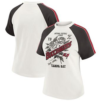 Women's WEAR by Erin Andrews White Tampa Bay Buccaneers Sleeve Stripe Distressed Raglan T-Shirt
