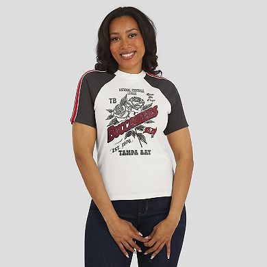 Women's WEAR by Erin Andrews White Tampa Bay Buccaneers Sleeve Stripe Distressed Raglan T-Shirt