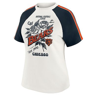 Women's WEAR by Erin Andrews White Chicago Bears Sleeve Stripe Distressed Raglan T-Shirt