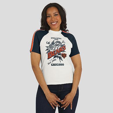 Women's WEAR by Erin Andrews White Chicago Bears Sleeve Stripe Distressed Raglan T-Shirt