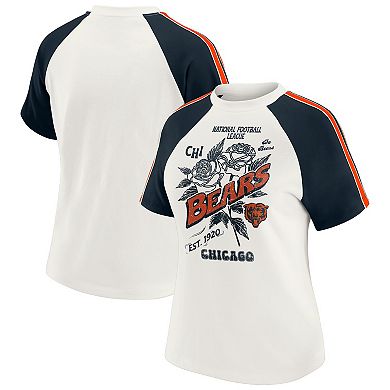 Women's WEAR by Erin Andrews White Chicago Bears Sleeve Stripe Distressed Raglan T-Shirt