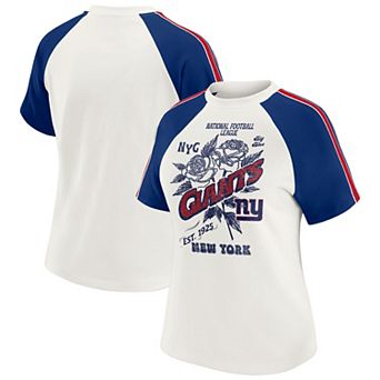 Women's WEAR by Erin Andrews White New York Giants Sleeve Stripe Distressed Raglan T-Shirt