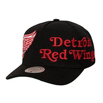 Men's Mitchell & Ness Black Detroit Red Wings Busted Logo Wordmark Wrap-Around Pro Pinch Adjustable Hat