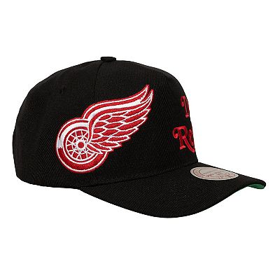 Men's Mitchell & Ness Black Detroit Red Wings Busted Logo Wordmark Wrap-Around Pro Pinch Adjustable Hat