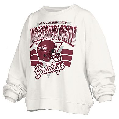 Women's Pressbox White Mississippi State Bulldogs Oversized Janice Retro Waist-Length Pullover Sweatshirt