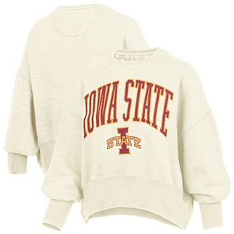 Women's Pressbox Natural Iowa State Cyclones Oversized Waist-Length Crewneck Sweatshirt