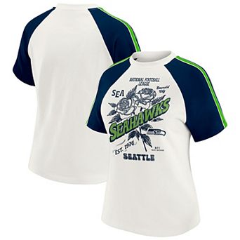 Women's WEAR by Erin Andrews White Seattle Seahawks Sleeve Stripe Distressed Raglan T-Shirt