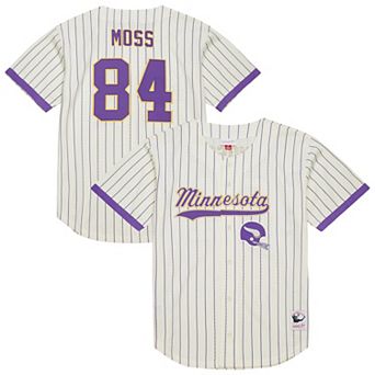 Men's Mitchell & Ness Randy Moss Cream Minnesota Vikings Name & Number Mesh Button-Up Baseball Jersey