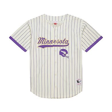 Men's Mitchell & Ness Randy Moss Cream Minnesota Vikings Name & Number Mesh Button-Up Baseball Jersey