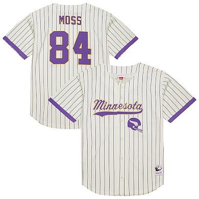 Men's Mitchell & Ness Randy Moss Cream Minnesota Vikings Name & Number Mesh Button-Up Baseball Jersey