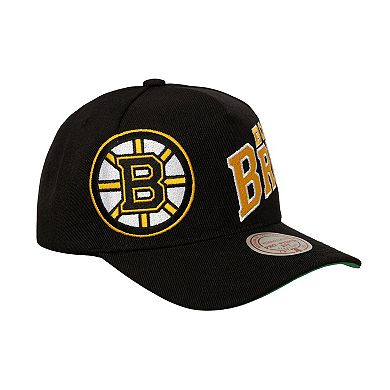 Men's Mitchell & Ness Black Boston Bruins Busted Logo Wordmark Wrap-Around Pro Pinch Adjustable Hat