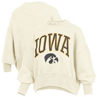 Women's Pressbox Natural Iowa Hawkeyes Oversized Waist-Length Crewneck Sweatshirt