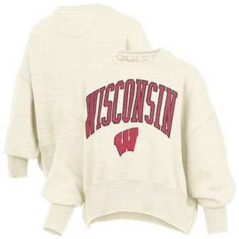 Women's Pressbox Natural Wisconsin Badgers Oversized Waist-Length Crewneck Sweatshirt