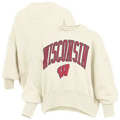 Women's Pressbox Natural Wisconsin Badgers Oversized Waist-Length Crewneck Sweatshirt