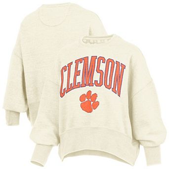 Women's Pressbox Natural Clemson Tigers Oversized Waist-Length Crewneck Sweatshirt