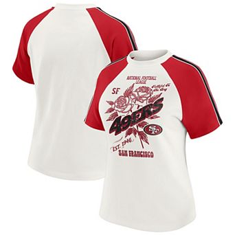Women's WEAR by Erin Andrews White San Francisco 49ers Sleeve Stripe Distressed Raglan T-Shirt