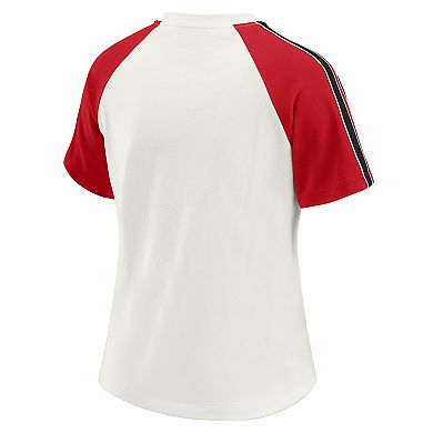 Women's WEAR by Erin Andrews White San Francisco 49ers Sleeve Stripe Distressed Raglan T-Shirt