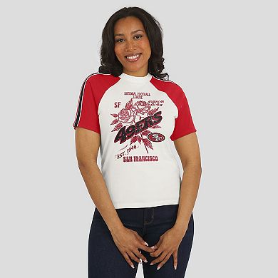 Women's WEAR by Erin Andrews White San Francisco 49ers Sleeve Stripe Distressed Raglan T-Shirt