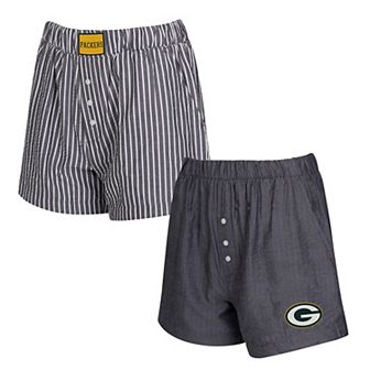 Women's Concepts Sport Black Green Bay Packers Two-Pack Stripes and Solids Boxer Shorts Set